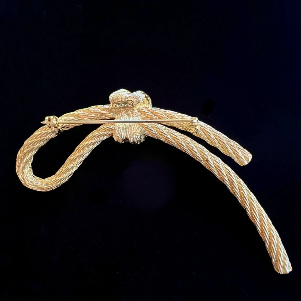 Vintage Christian‎ Dior Gold Tone Twisted Rope Bow Knot Brooch Signed Chr Dior